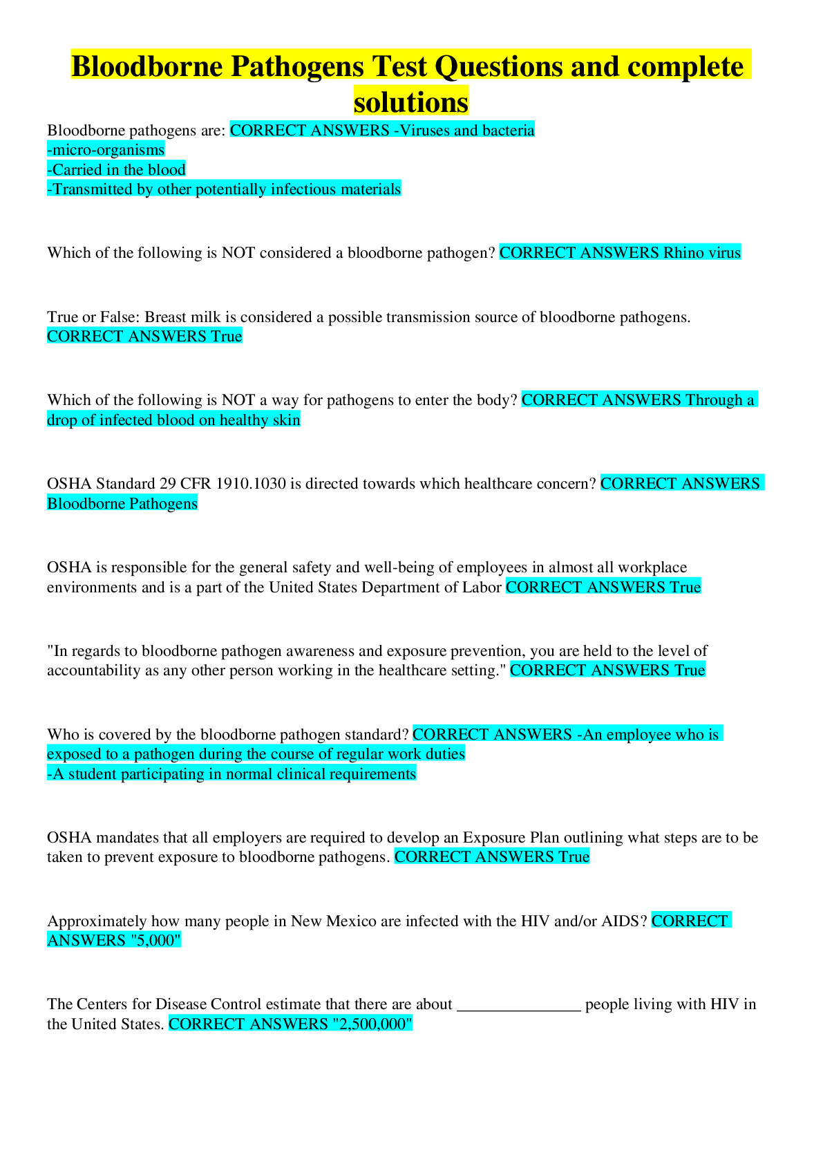 Preview image for Bloodborne Pathogens Test Questions and complete solutions